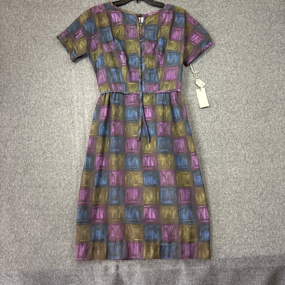 Vintage 60s Mindy Ross Womens Purple Green Checkerboard Midi Dress NWT 15